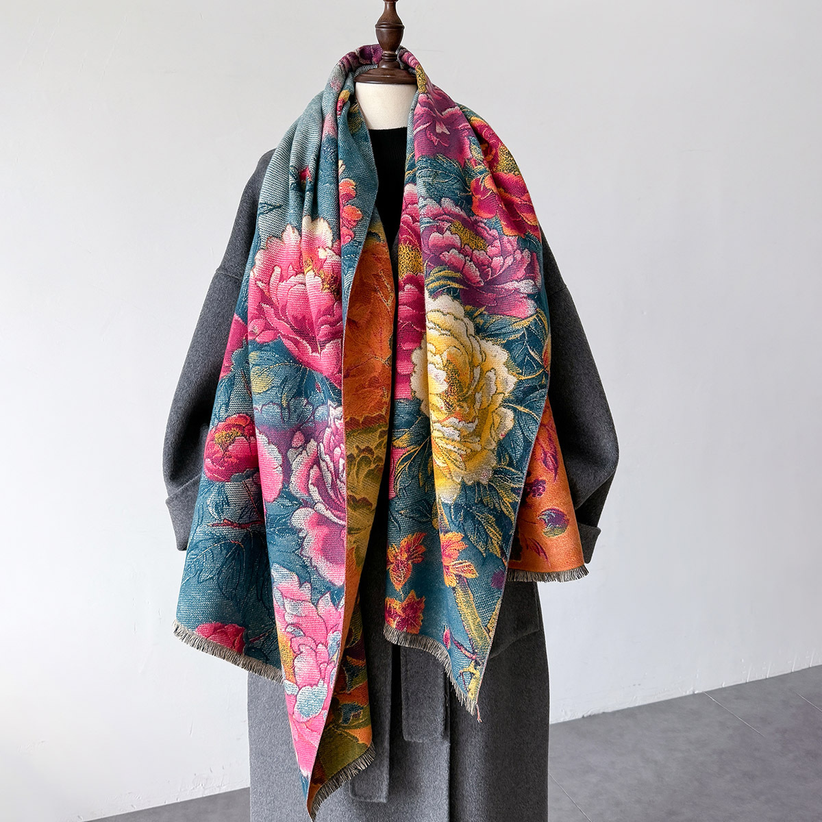 Shawl Wrap Winter - Ciepły szalik kaszmirowy damski szal kwiatowy